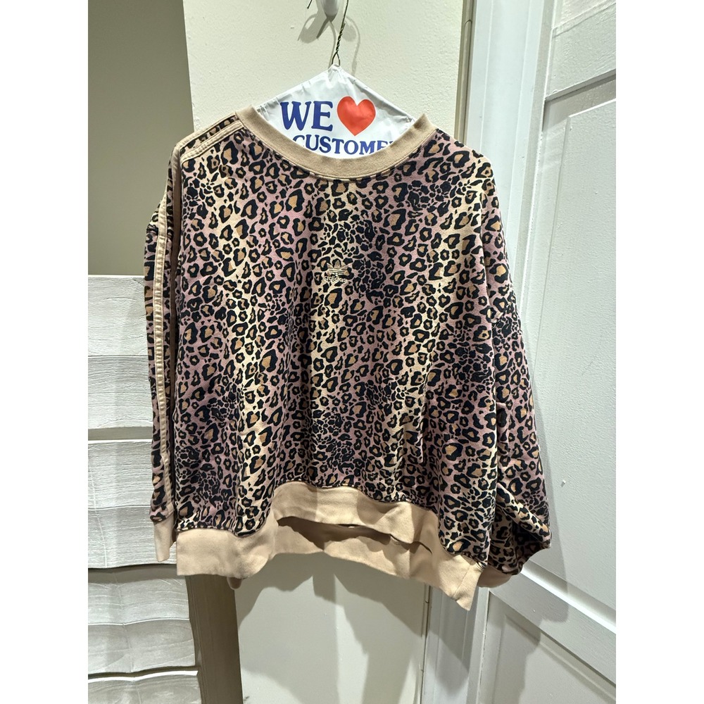 Adidas Originals Women Leopard Print Sweatshirt Trefoil Logo Tan Brown Large